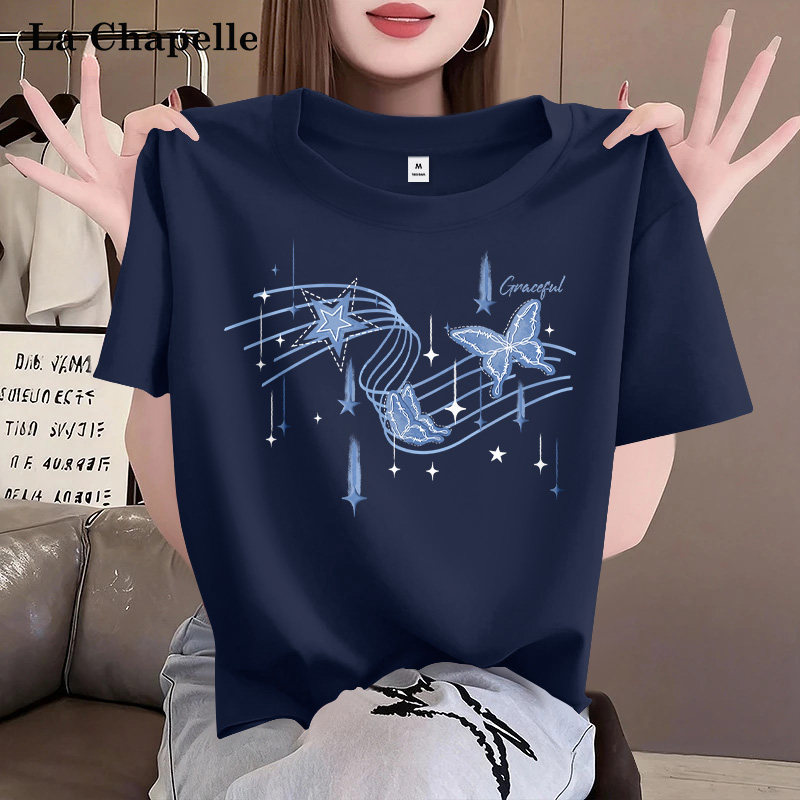 拉夏贝尔藏青色短袖t恤女2026新款夏季时尚洋气正肩纯棉半袖上衣X