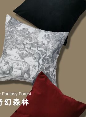 RYKALYSS复古风灰白抱枕印花森林南洋风复古风现代法式