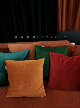 晚睡的猫圣诞绿复古红色丝绒抱枕靠枕焦糖法式美式中古风