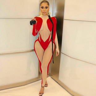 Panel Bodysuit Night Women 网纱透视连体裤 Rough Coverall