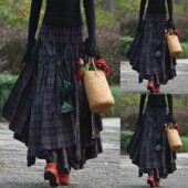 stitching irregular long Plaid skirt 格纹拼接不规则半身长裙