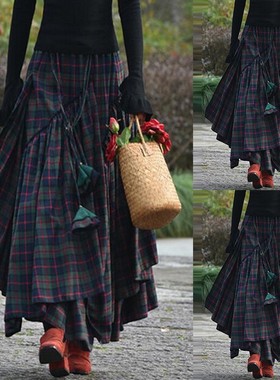 Plaid  stitching irregular long skirt 格纹拼接不规则半身长裙