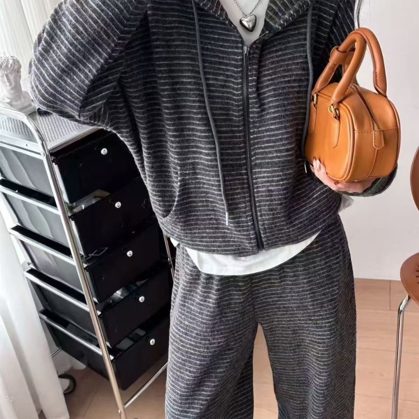 韩系条纹连帽拉链卫衣套装女2025秋季显瘦阔腿裤高级灰宽松两件套