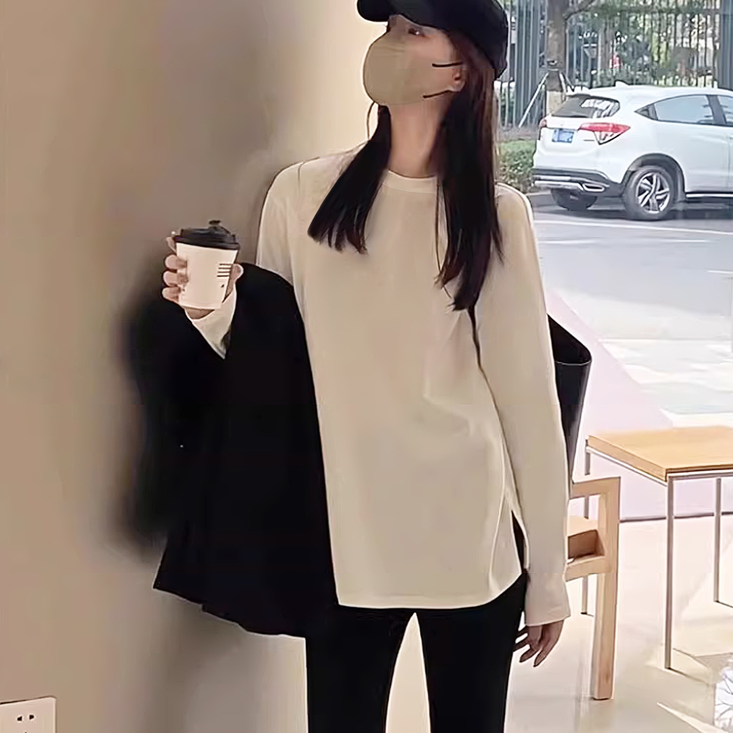 白色长袖2025冬季欧洲站磨毛纯棉T恤女宽松中长款打底衫内搭上衣