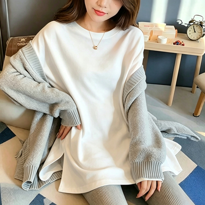 圆领长袖T恤女2026春秋季磨毛纯棉宽松中长款开叉白色设计感上衣