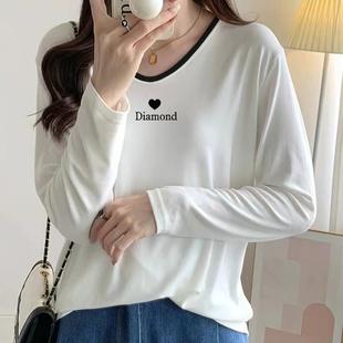 白色纯棉V领上衣早秋服装 经典 T恤女士新款 百搭体恤衫 撞色色领长袖