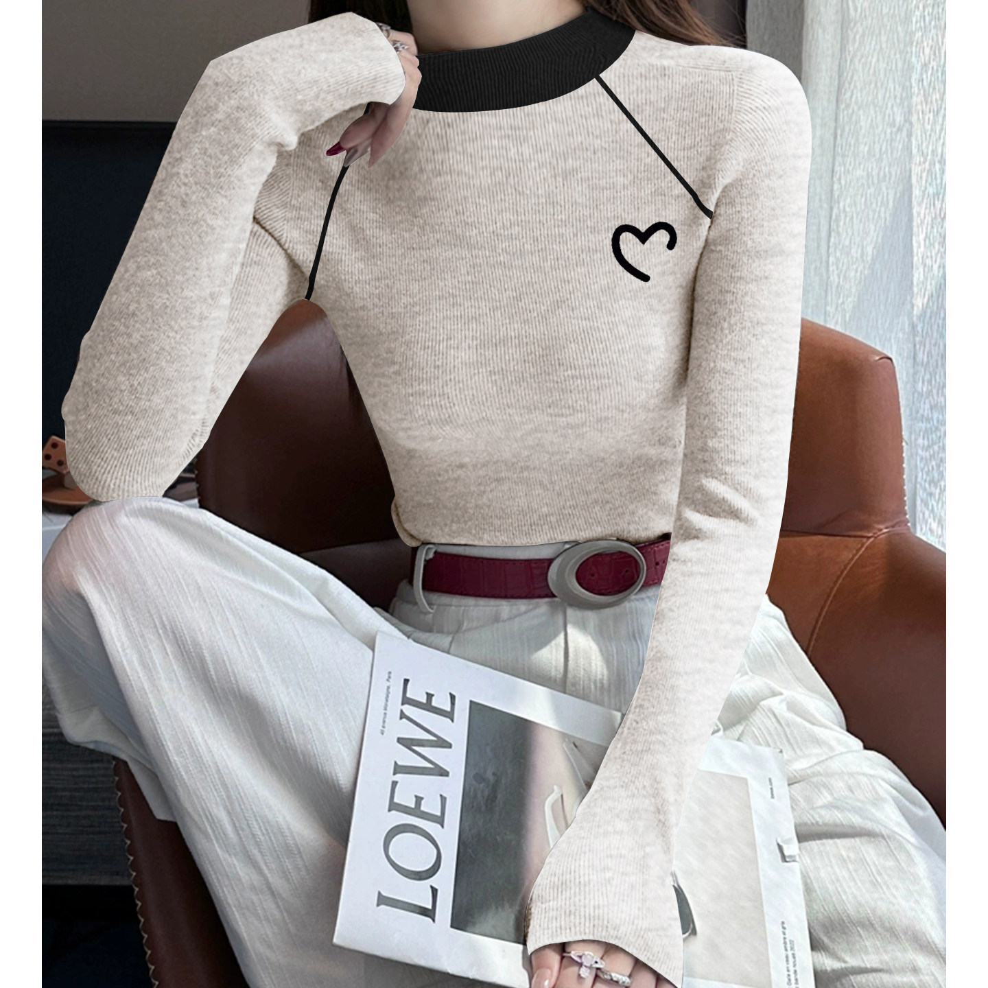 撞色半高领插肩长袖t恤女士2026冬季德绒保暖米灰色显瘦内搭上衣,女装/女士精品,T恤,淘宝优惠券,粉丝福利购,淘宝优惠卷