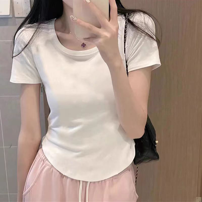 短袖t恤女纯棉正肩不规则短装2025新款夏季设计感U型下摆白色上衣