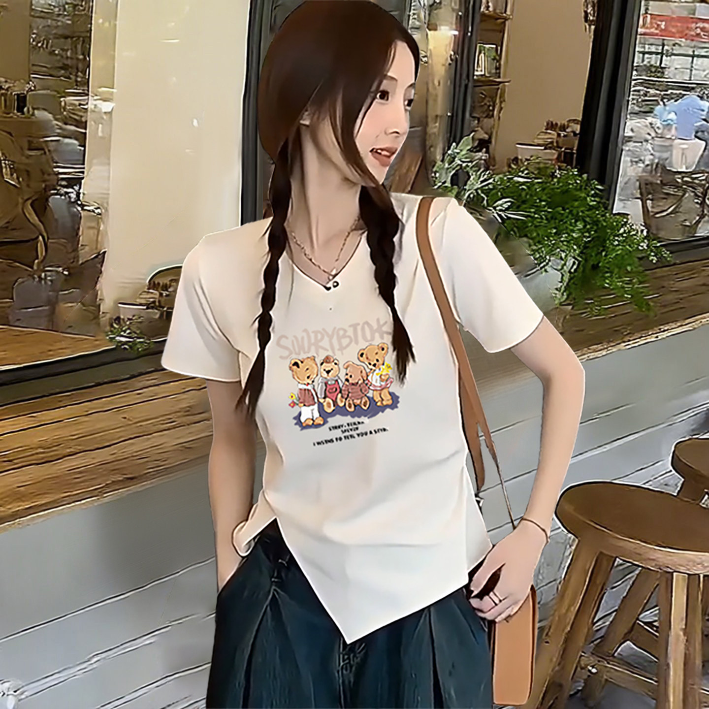 2026春季短袖内搭T恤女V领正肩宽松显瘦小个子不规则下摆白色上衣图片