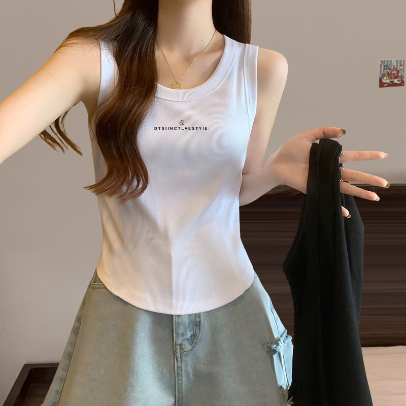 宽肩吊带棉质背心女2026夏季新款女士白色字母工字外穿弧形小上衣