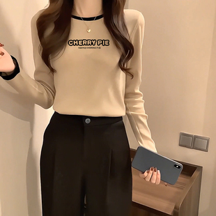 撞色领正肩显瘦小众2025年冬季纯棉长袖T恤女修身设计感字母上衣