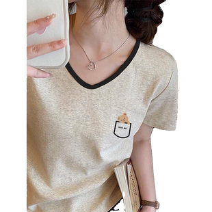 2026夏季新款V领米灰打底衫螺纹宽松内搭高级感撞色色领短袖t恤女