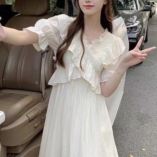 法式赫本风一字领超仙连衣裙泡泡短袖女夏复古甜美初恋温柔感长裙