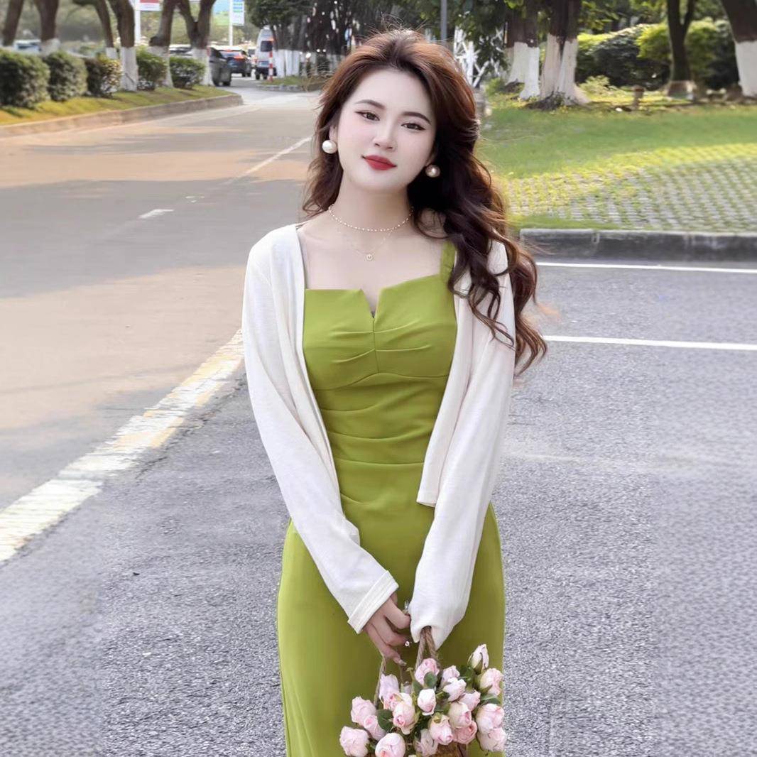 大码胖mm法式纯欲风吊带连衣裙套装女夏季开衫裙子显瘦遮肉两件套