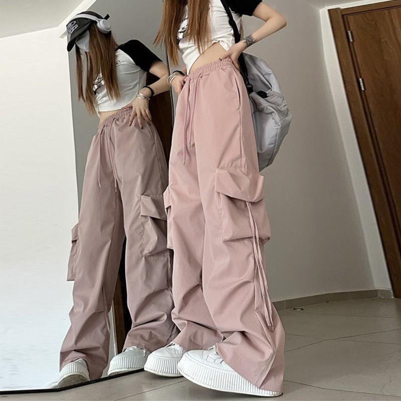 美式复古速干工装裤女夏季高腰直筒阔腿飘带宽松休闲拖地长裤潮流