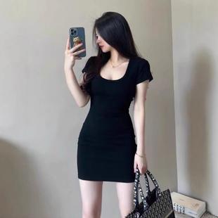顯瘦打底裙 純欲風(fēng)U領(lǐng)低胸T恤包臀裙黑色連衣裙女緊身性感短裙修身