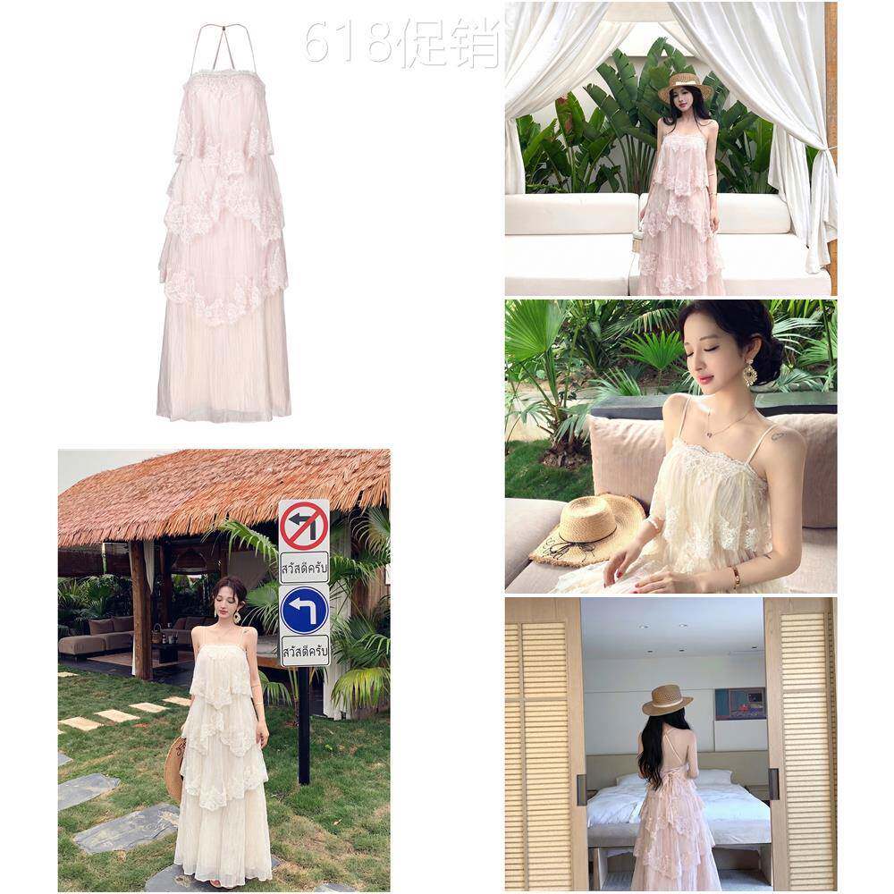 度假风露背吊带洋装女夏季蕾丝拼接裙子休闲大摆裙粉色a字长裙