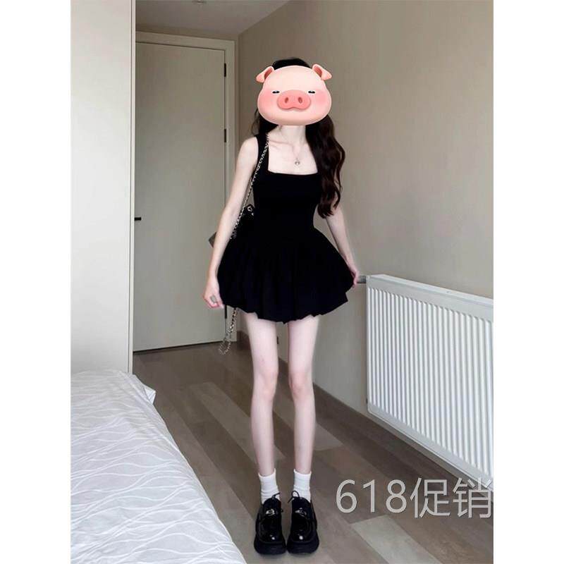 黑色花苞蓬蓬吊带洋装夏季穿搭女夏日绝美小黑裙掐腰收腰短裙子