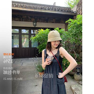 一期一会 画师风琴背带裙~日杂风宽松方领牛仔裙 可调节肩带