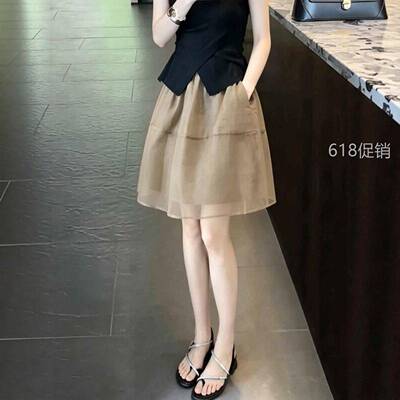 欧根纱半身裙女2026夏季新款高腰显瘦遮胯a字裙短裙小个子蓬蓬裙