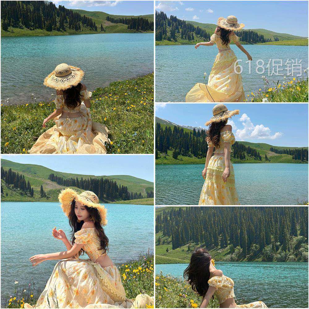 云南新疆草原拍照度假套装女一字领碎花短袖上衣高腰宽松半身裙子