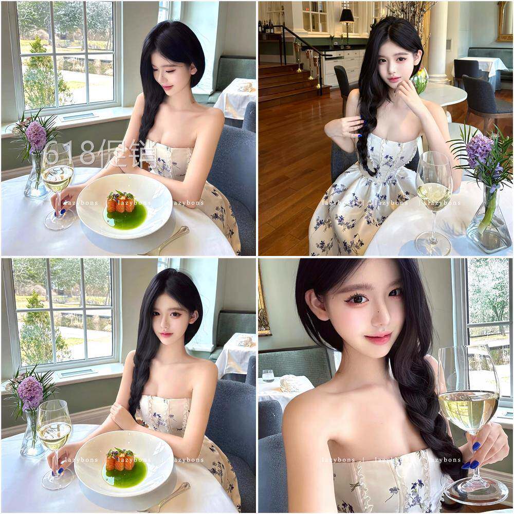 碎花洋装女气质名媛生日礼服裙重工蕾丝拼接鱼骨收腰抹胸a字裙