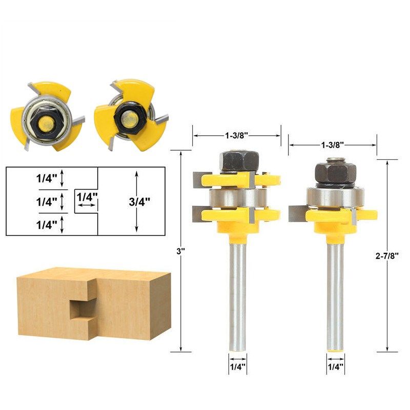 2pcs/set 1/4"" shank 3 blades t type tongue groove router bi