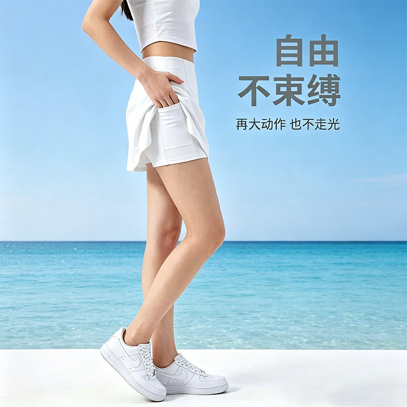 假两件鲨鱼裙裤女口袋A字裙侧开叉运动短裙高腰显瘦防走光网球裙
