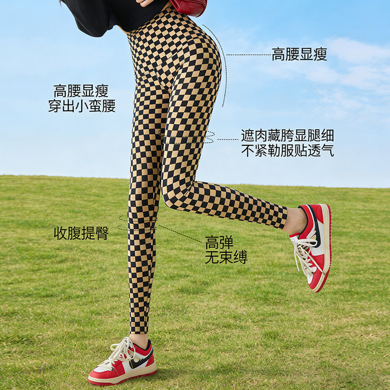 棋盘格子鲨鱼裤女高腰收腹提臀打底裤外穿春秋显瘦紧身运动瑜伽裤