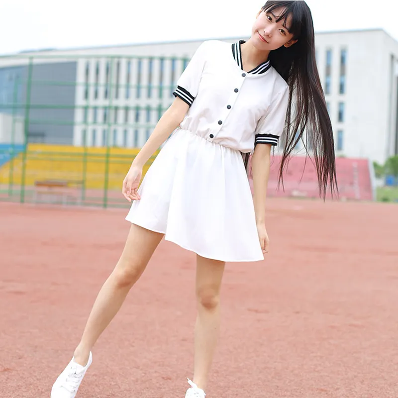 日系水手服学院风螺纹连衣裙清新运动风拉拉队制服连衣裙中学校服