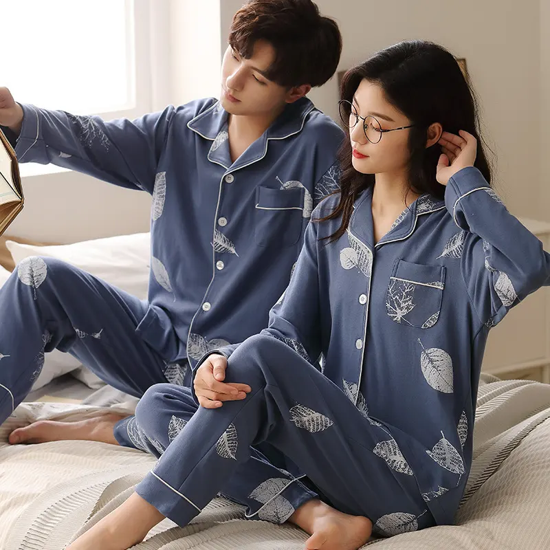 情侣睡衣女秋纯棉长袖开衫简约新款2022年高级男家居服套装翻领