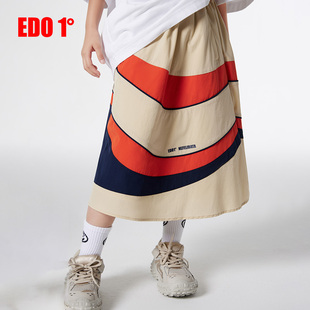edo1一度童装outlets女童撞色拼接半身裙中长款不规则复古条纹裙