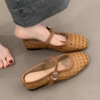 羊皮版~复古编织镂空一字带粗跟包头半拖鞋女凉拖穆勒玛丽珍女鞋