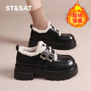 星期六官方正品女鞋5.8CM增高加绒乐福鞋2024冬季新款单鞋小皮鞋