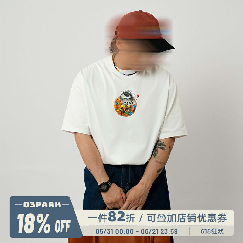 O3PARK夏季新款索洛纳速干凉感短袖宽松百搭彩虹眼泪饼干印花T恤