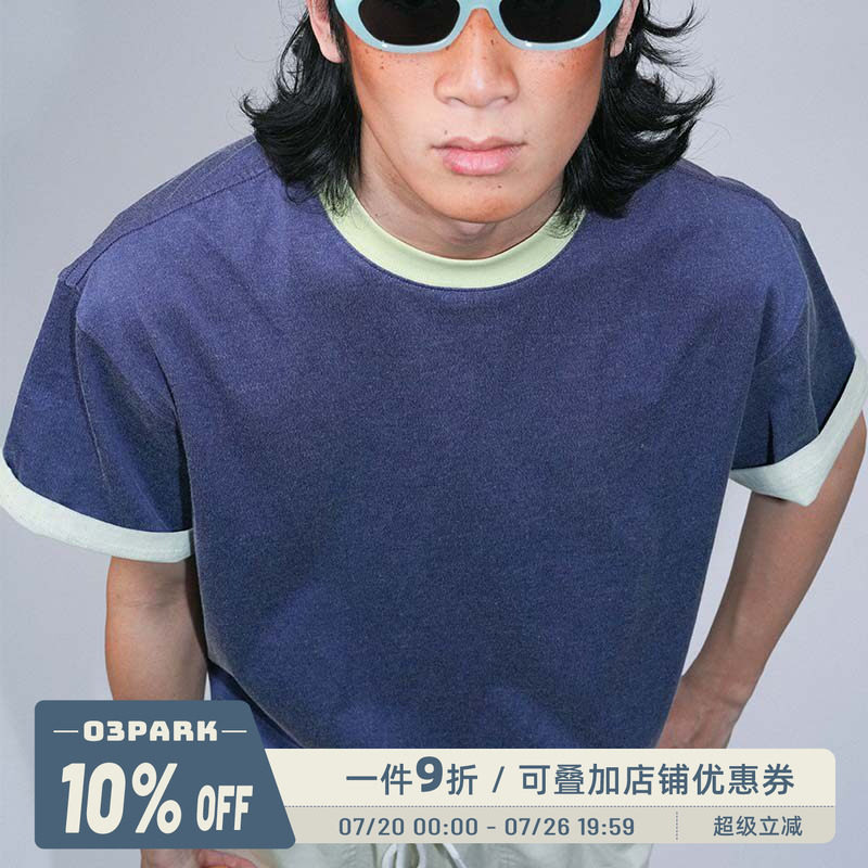 O3PARK夏季新款复古运动风双色圆领短袖宽松百搭撞色领卷袖T恤