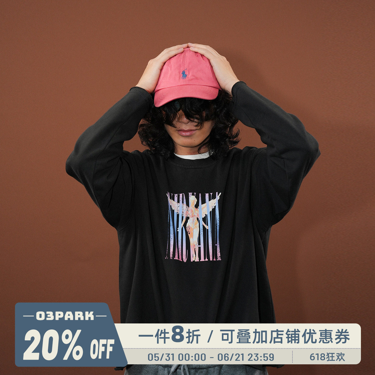 O3PARK新款复古毛边刀割袖口NIRVANA"涅槃"印花短款卷边圆领卫衣