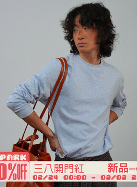 O3PARK新款微宽松百搭通勤纯色打底长袖纯棉蓝花灰圆领净色T恤