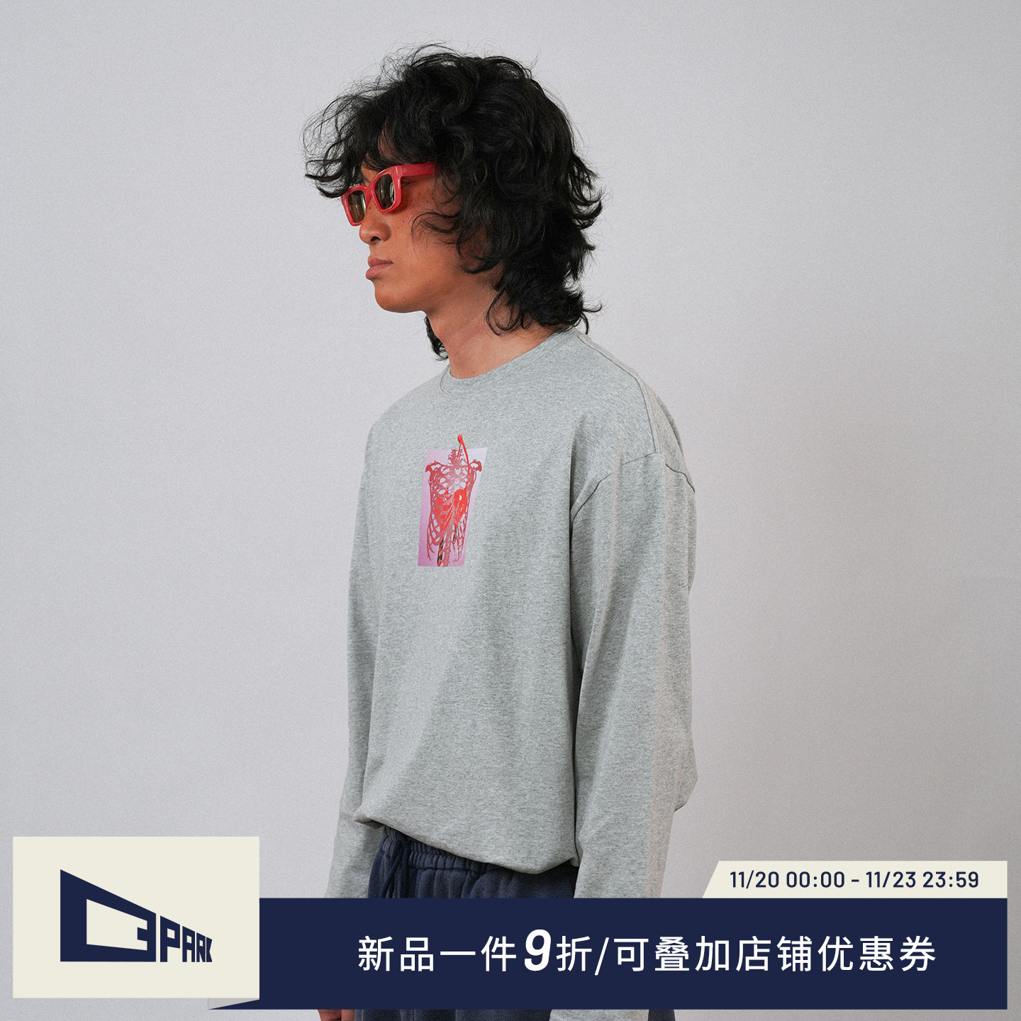 O3PARK骷髅樱桃印花长袖T恤