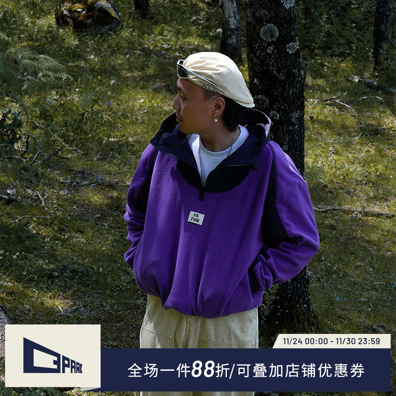 复古连帽卫衣撞色短款摇粒绒户外