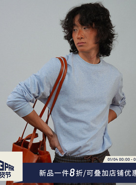 O3PARK新款微宽松百搭通勤纯色打底长袖纯棉蓝花灰圆领净色T恤