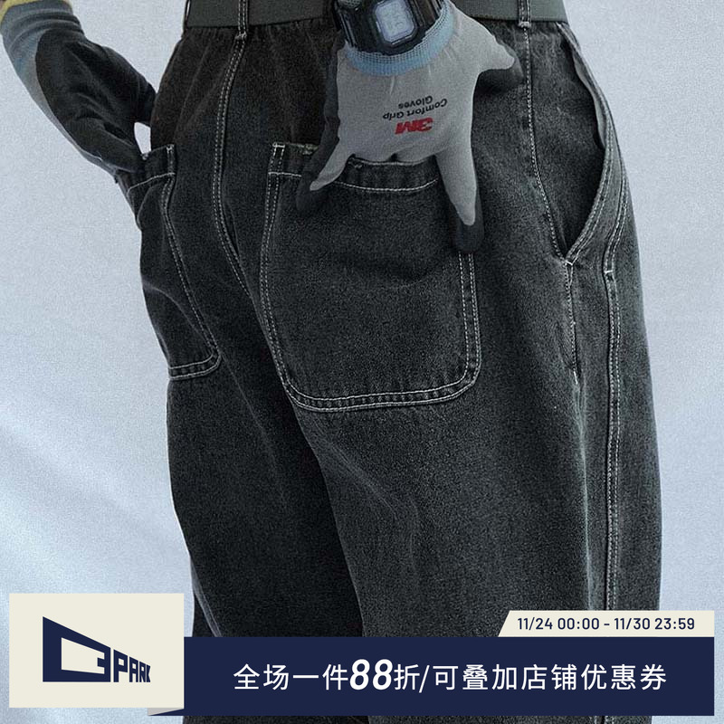 o3park牛仔裤水洗破坏做旧黑色