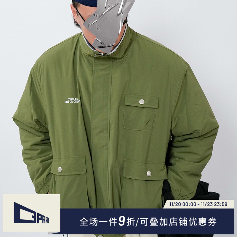 O3PARK户外山系多口袋宽松棉衣防泼溅侧开拉链加厚加棉风衣外套