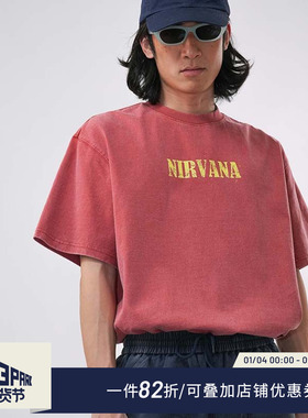 O3PARK夏季新款“NIRVANA”短袖水洗做旧重磅复古印花圆领T恤