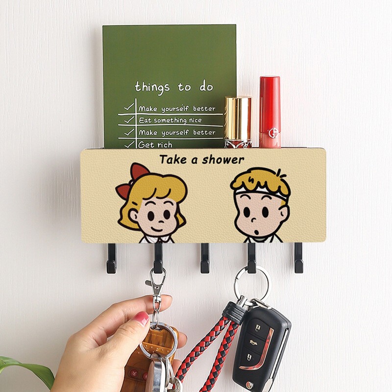 ININ玄关衣服挂钩免打孔门后钥匙挂架置物架卡通墙上挂衣架收纳盒