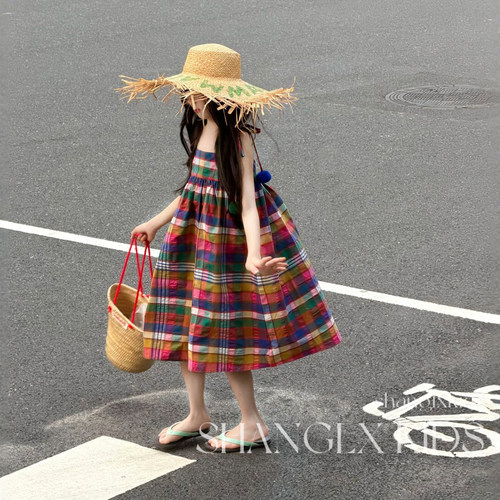 女童夏季彩色格子吊带连衣裙