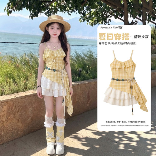 女童夏季不规则格子吊带花边裙
