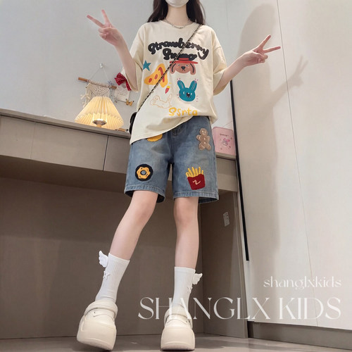 女童夏季印花短袖牛仔短裤套装
