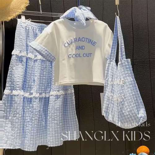 女童拼色短袖花边半裙四件套