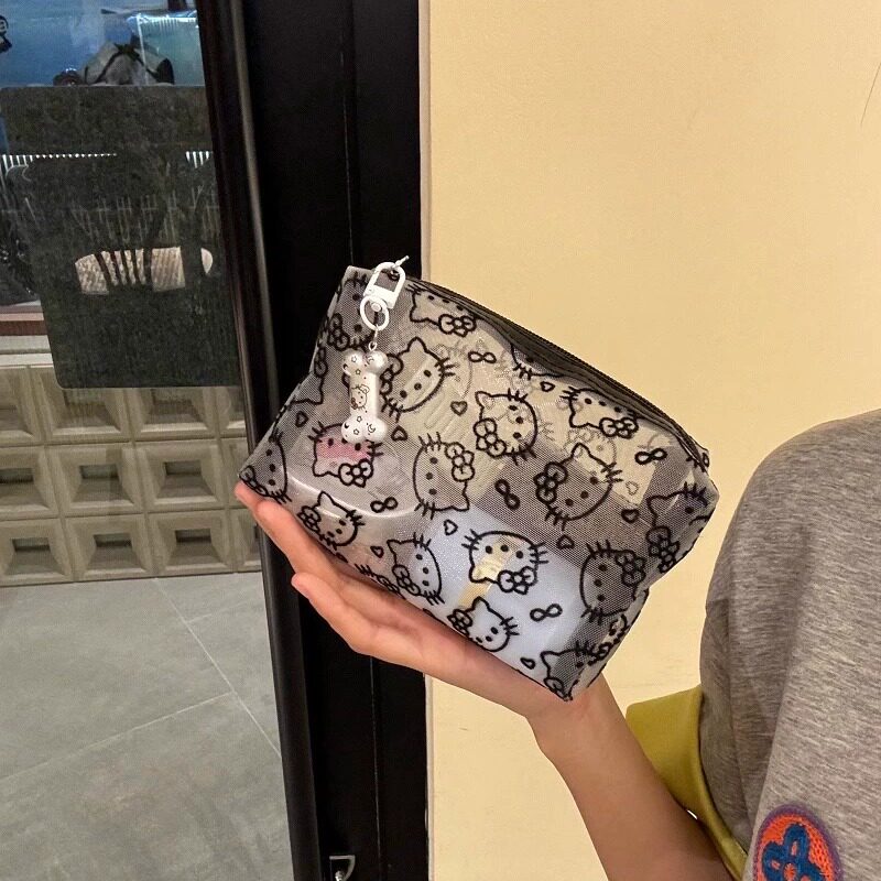 简约可爱黑色网纱kitty化妆包可携式大容量收纳包手拿补妆包耐脏